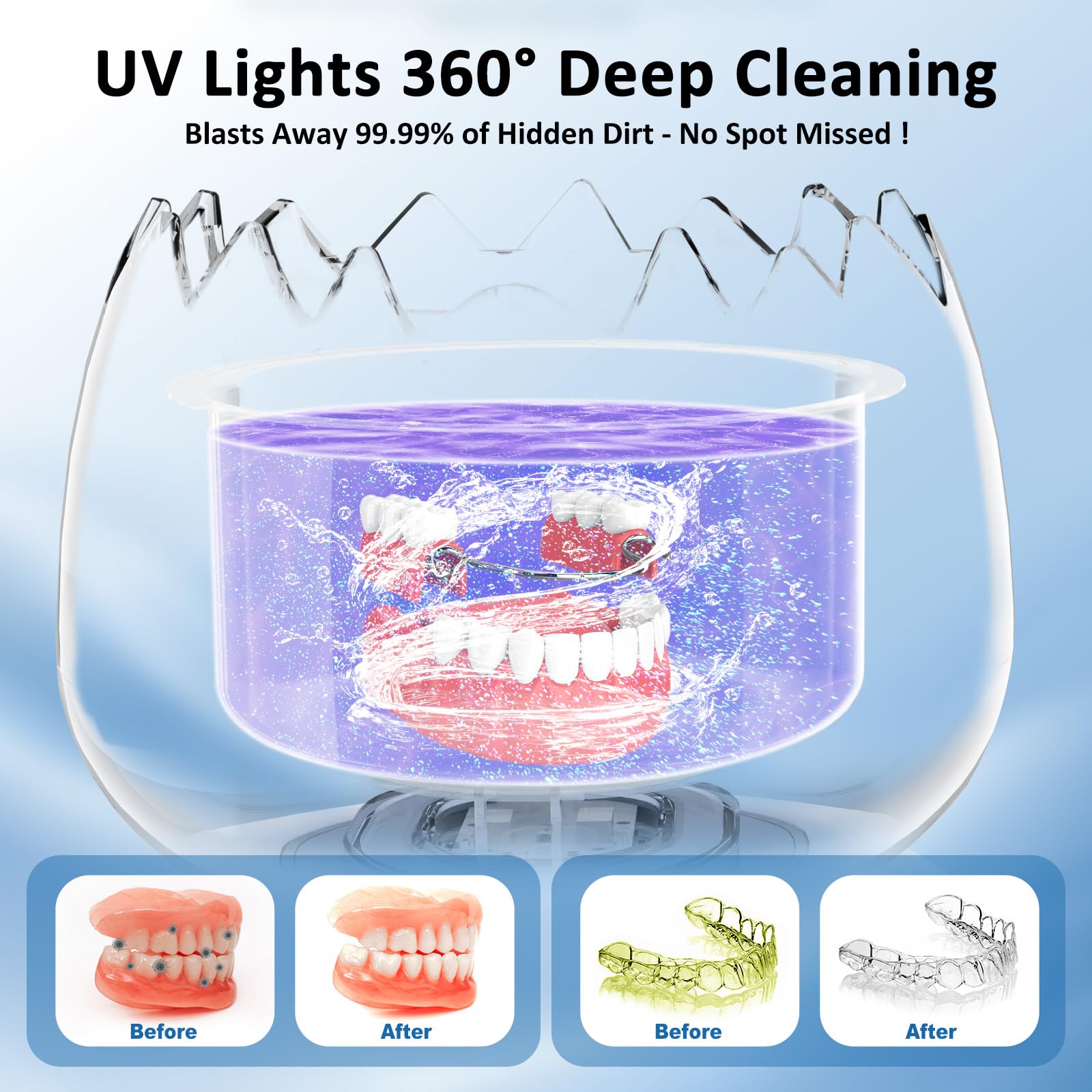 Ultraschallreiniger für Zahnprothesen, 45k Hz 180 ml Ultraschallreinigungsgerät-Dental-Pod mit 3 Modi, Abnehmbar Ultraschall-Reinigungsgerät für Schmuck, Zahnschiene, Retainer und Uhren