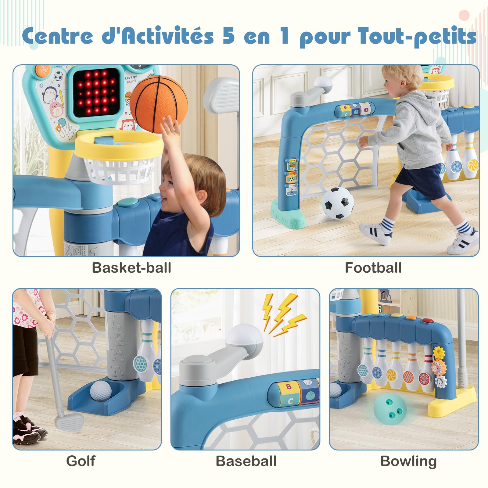 COSTWAY Jouet Sportif 5 en 1 Enfant avec Panier de Basketball & Football & Golf & Bowling & Baseball, Centre d'Activités avec Lumières & Musique & Score LED, Horloge et Cartes pour 18 Mois+
