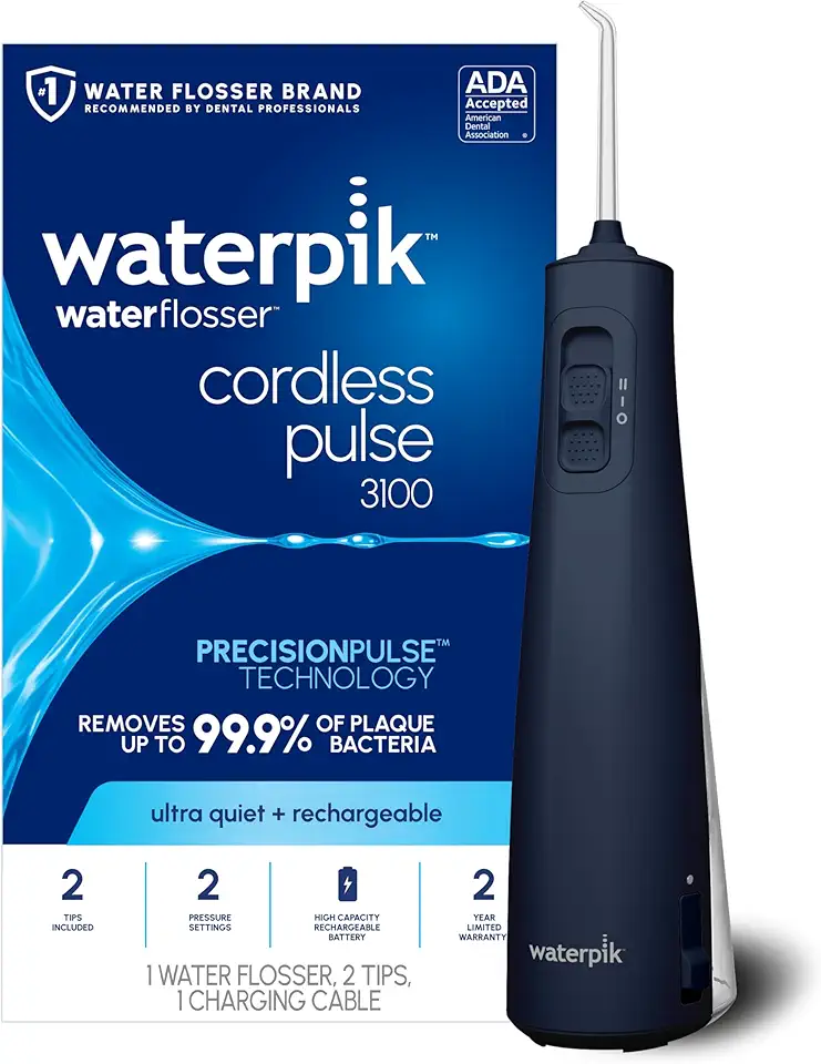 Waterpik Flosser de água portátil recarregável sem fio para dentes, gengivas, suspensórios e viagens com 2 pontas de fio dental, impermeável, aceito pela ADA, azul WF-20, embalagem pode variar