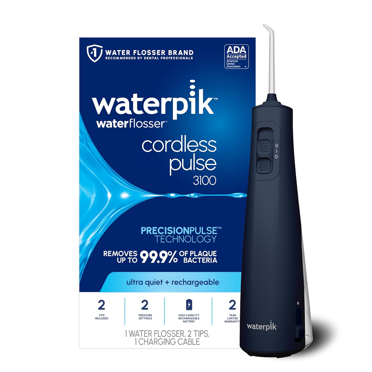 Waterpik Cordless Pulse 3100 Rechargeable Portable Water Flosser for Teeth Gums Braces Care and Travel with 2 Flossing