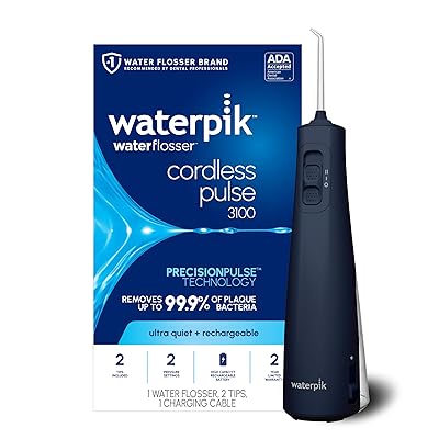 Waterpik Cordless Pulse Rechargeable Portable Water Flosser for Teeth, Gums, Braces Care and Travel with 2 Flossing Tips, Waterproof, ADA Accepted, WF-20 White, Packaging May Vary