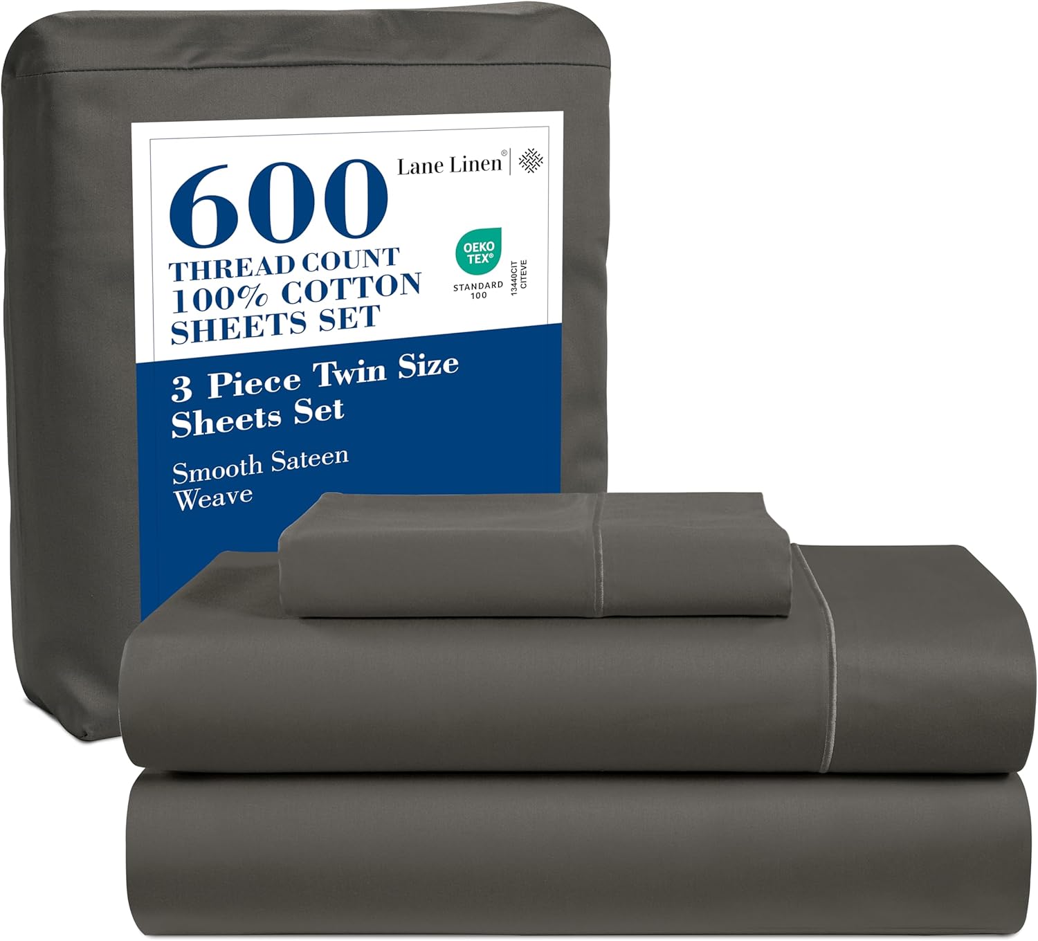 LANE LINEN 600TC 100% Cotton Twin Bed Sheets Set, Soft & Comfy Sateen Weave Hotel Like Thick Twin Sheets, Mercertized Cotton for Smooth Silk Touch, Soft & Comfy Bedding Set- Charcoal