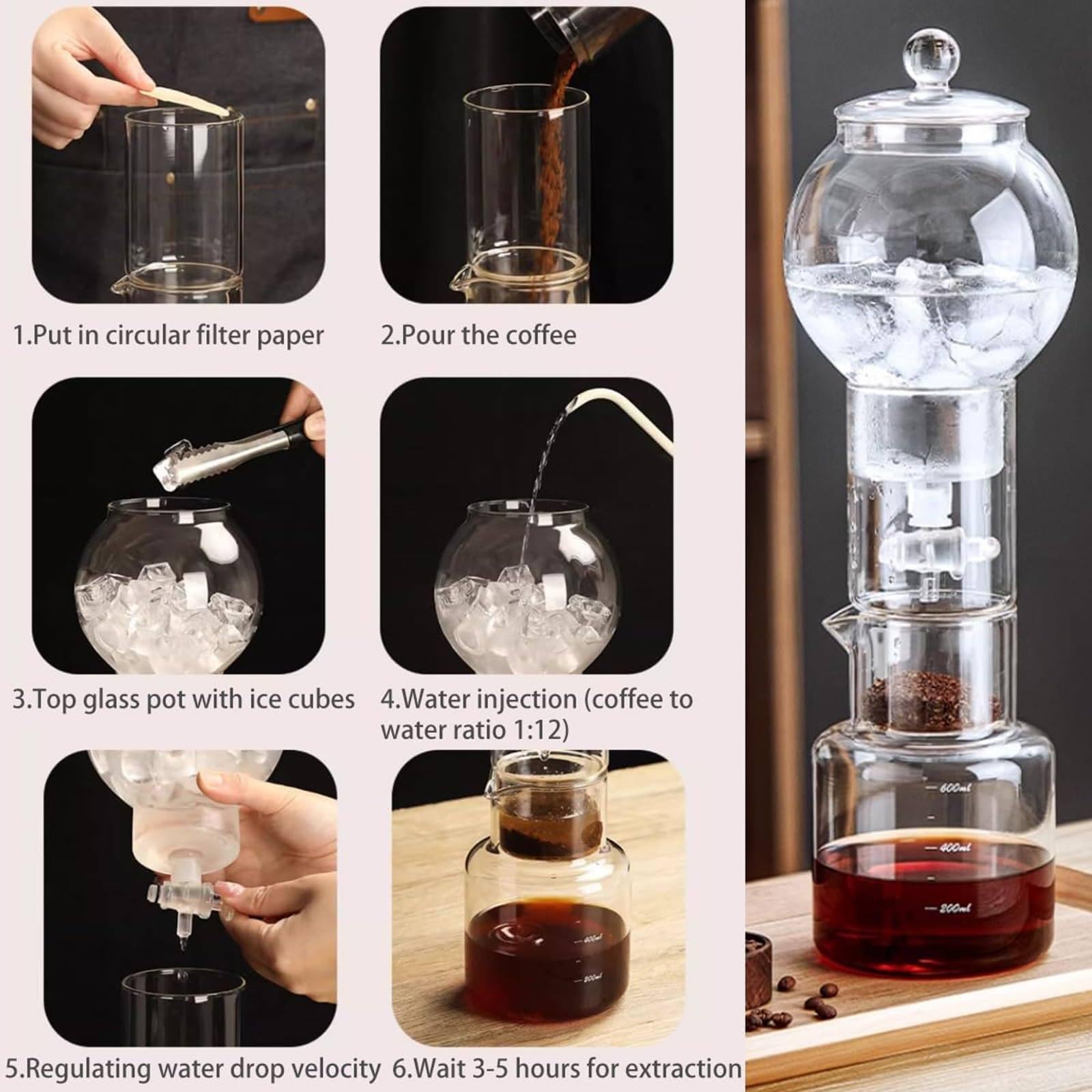 Zestaw Do Parzenia Kawy Przelewowej, Zestaw Do Parzenia Kawy Na Zimno, Pojemność 600ml, Wielokrotnego UżYtku Ekspres Do Kawy MrożOnej, Z Regulowanym Zaworem, Do Kawy I Herbaty A
