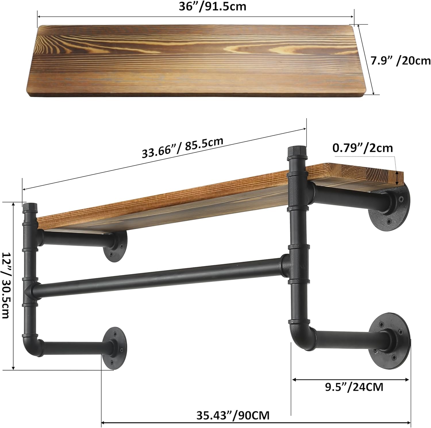 WEBI Wall Mounted Clothes Rack with Shelf,36" Industrial Pipe Clothing Rack with Shelf with Hanging Rod,Heavy Duty Iron Garment Rack Bar,Retail Display Clothes Rod for Laundry Room,Closet,Black
