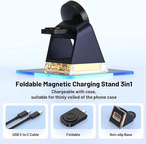 Miniatura 5 de Estación de carga rápida 3 en 1 para Apple, soporte de cargador inalámbrico portátil con MagSafe, base de carga magnética para iPhone 16e15 Pro