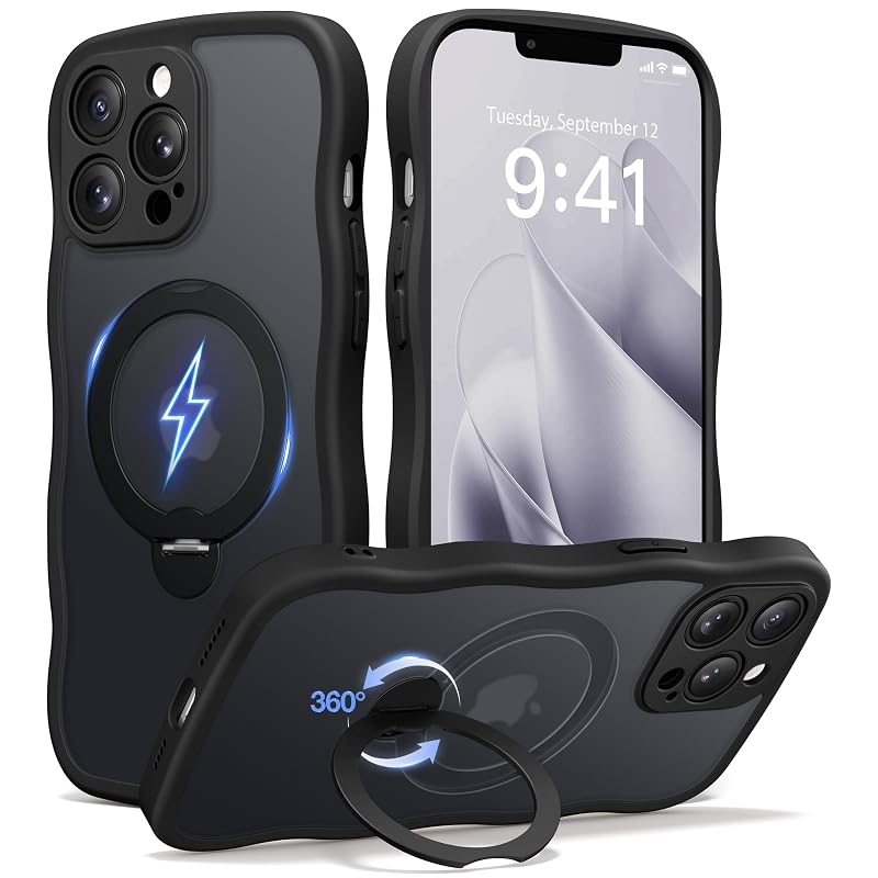 Capa CAPRARO para iPhone 13 Pro com suporte magnético giratório 360°, acabamento fosco e design ondulado, preta