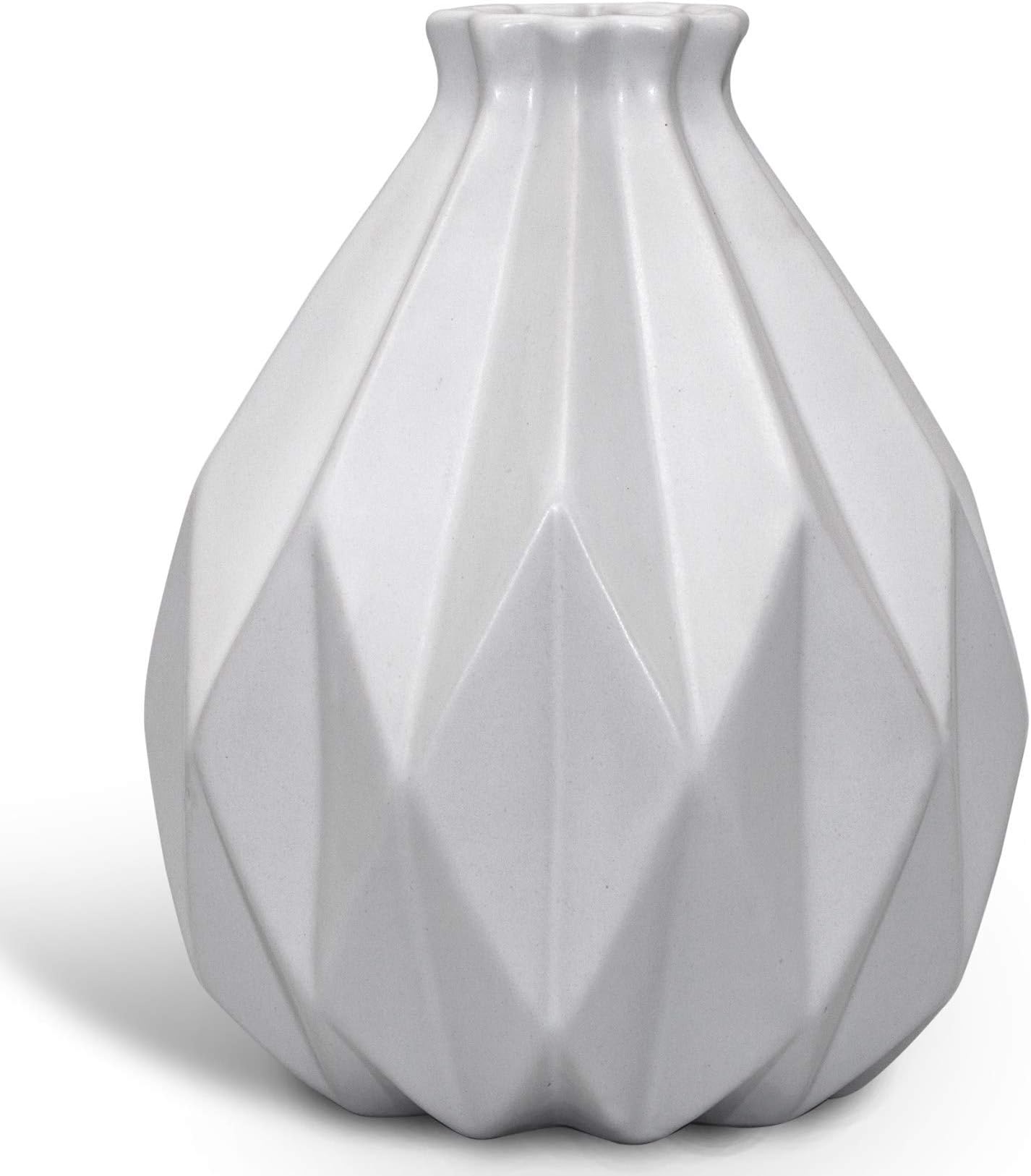 Modern Geometric Pattern Stoneware Vase, Creative Porcelain Vase for Home Decor, 7.09'H, White