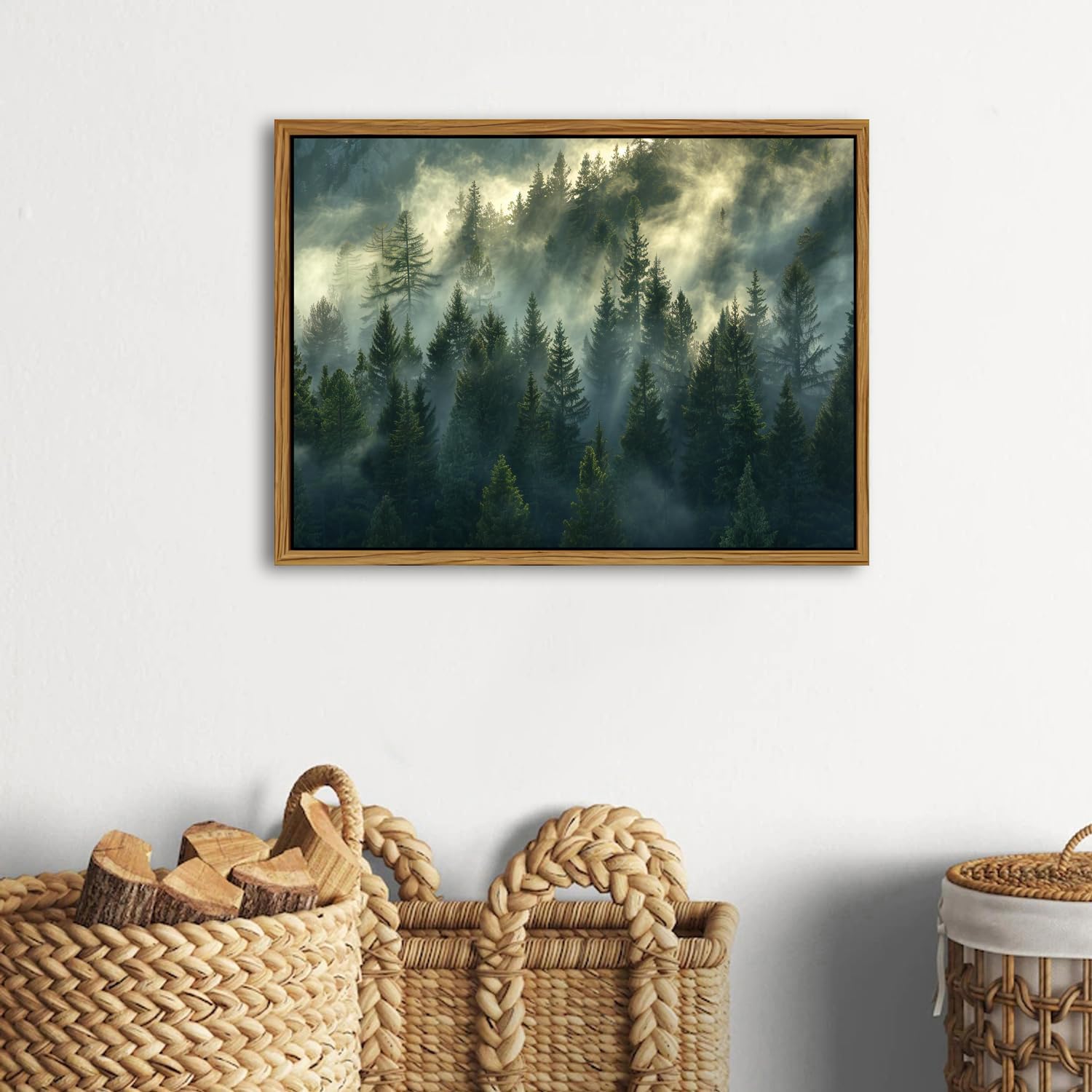 Mountain Forest Wall Art Vintage Framed Wall Decor Sunset Fog Misty Pine Trees Pictures Nature Landscape Canvas Prints Woodland Painting Farmhouse Artwork for Bedroom Living Room Home Decorations 12x16"