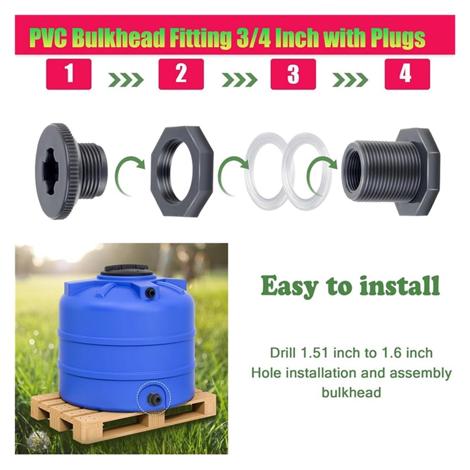 Junta divisoria de PVC 12X, 3/4 pulgadas, con enchufe, adaptador for manguera jardín, kit abrazadera, tanque agua