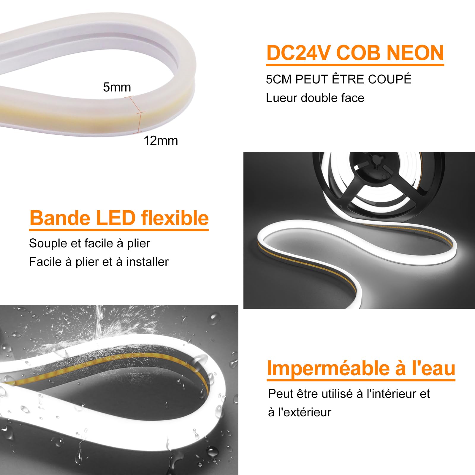 Bandes Led Solaires 24V Pour Extérieur, Haute Luminosité Néon Avec 320 Led/m, 8 Modes, Étanche, Batterie 7200mah, Parfait Pour Jardin, Cour Et Balcon (Blanc (6000-6500K), 6M)