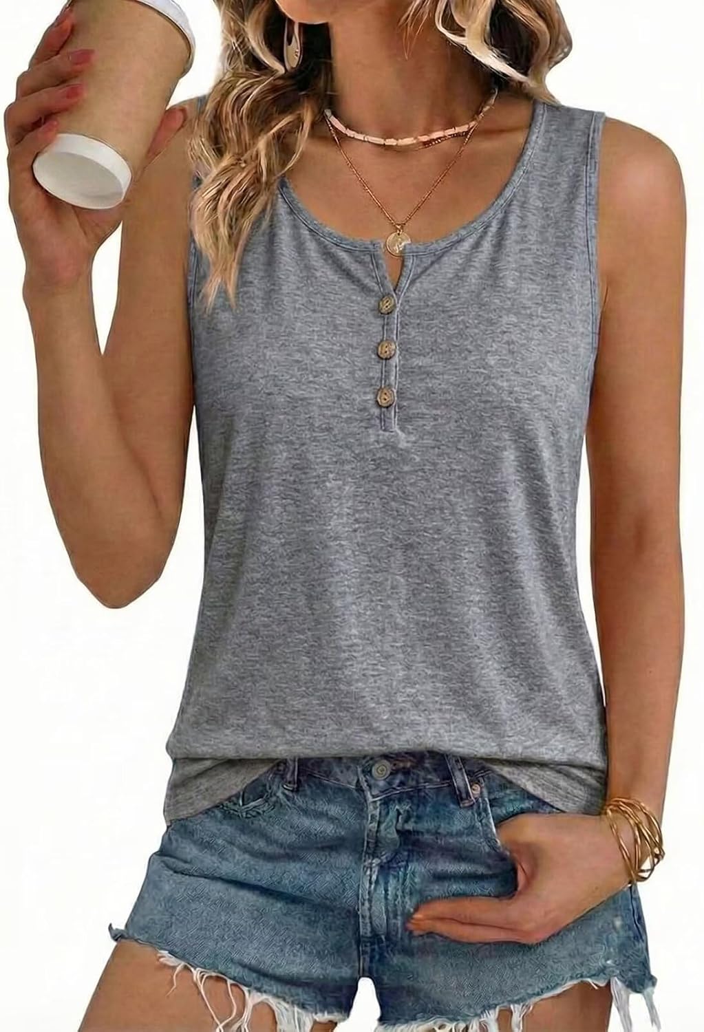 Tank Tops for Womens Casual Henley Shirts Summer Beach Vacation Sleeveless Clothing,Faux Buttons Ladies Outfits