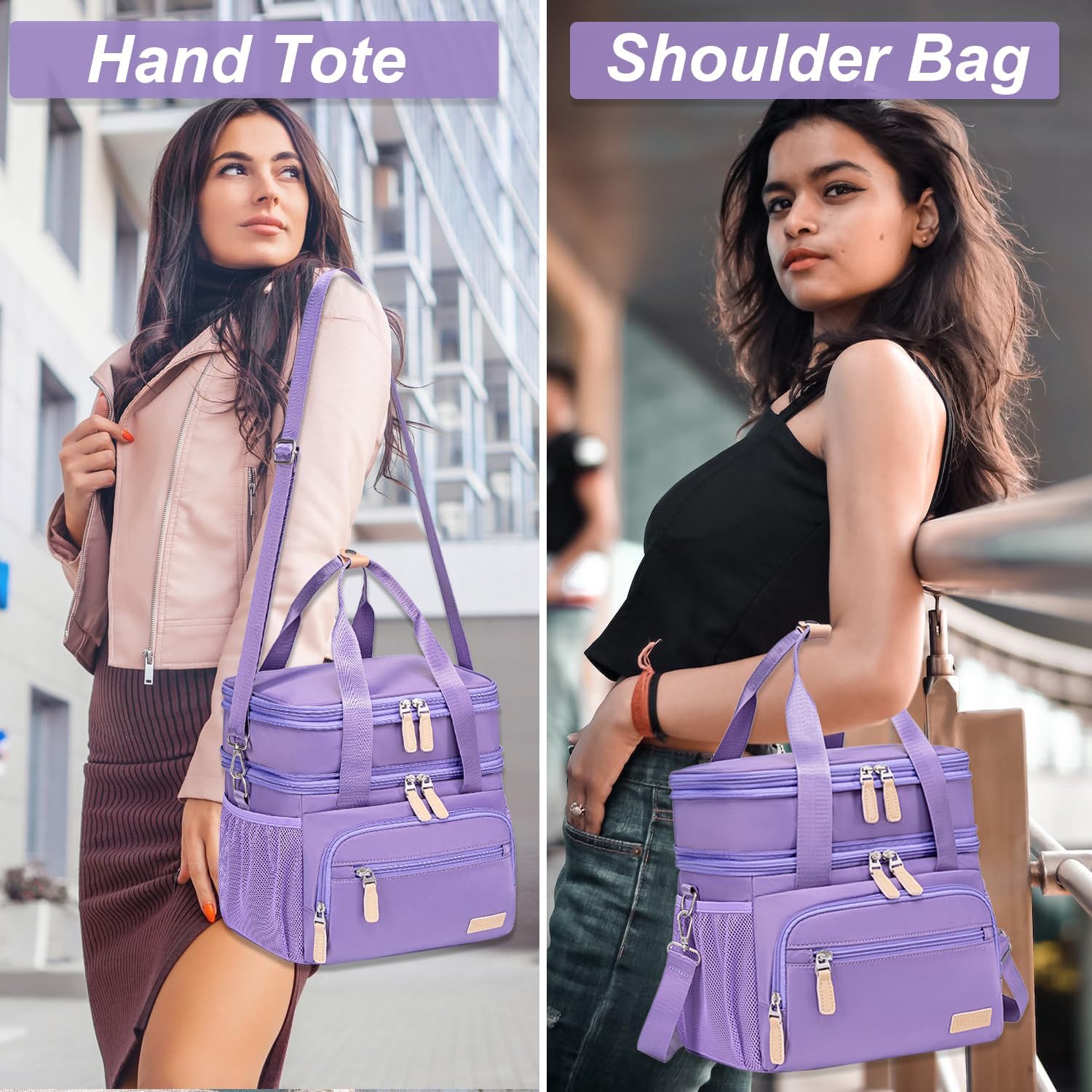 Weitars Insulated Lunch Box for Women Men-Dual Compartment Waterproof Reusable Large Lunch Bag Wide-Open Tote Cooler Bag for Working Picnic Hiking (15L) (Purple) - Image 6