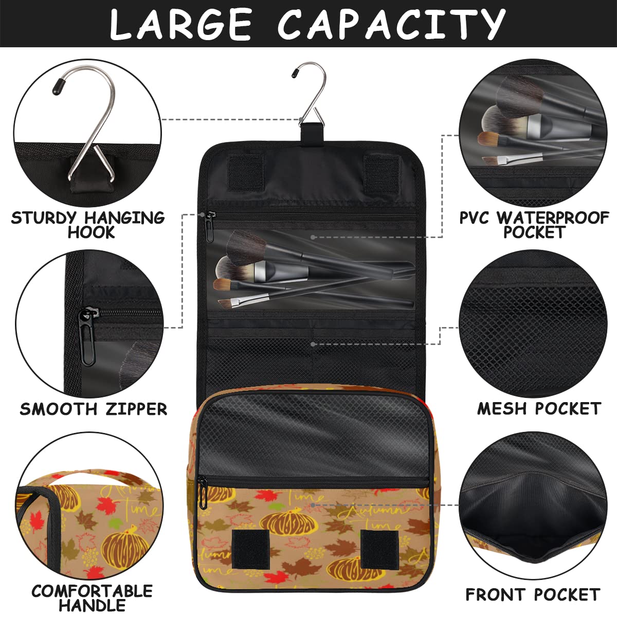 Jesień Halloween podróżna kosmetyczka Halloween dynia zmywanie torebka unisex wiszące przybory toaletowe kosmetyczne organizer do makijażu, wielobarwny, Jeden rozmiar
