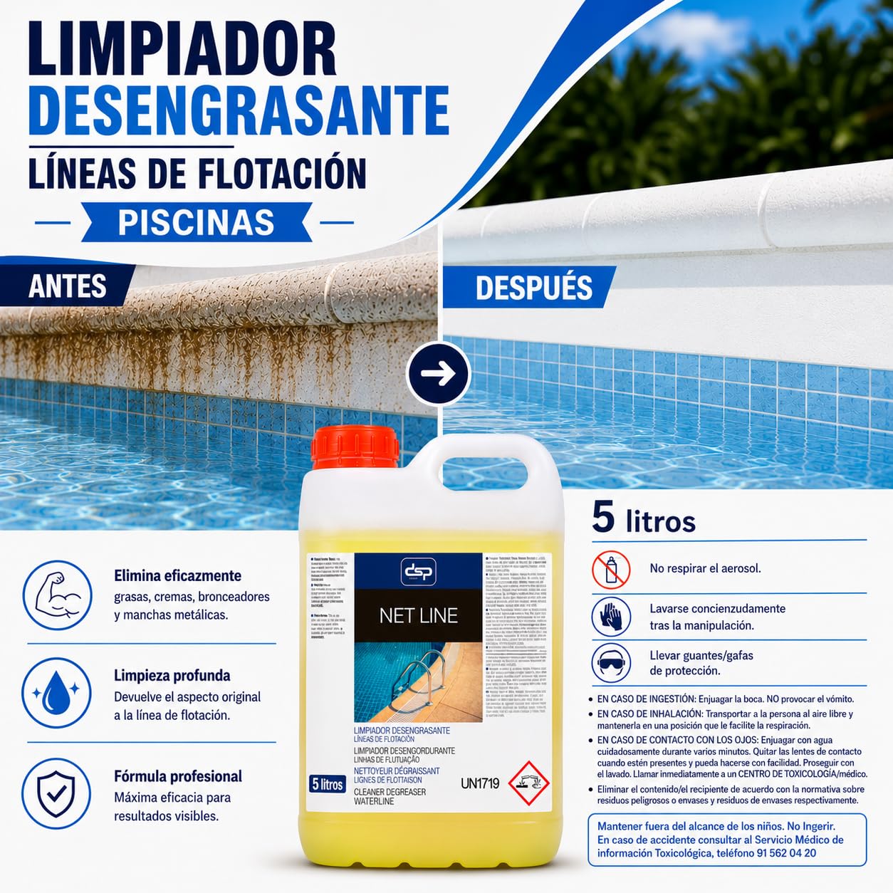 Limpiador DESENGRASANTE LÍNEAS DE FLOTACIÓN Piscinas NETLINE Potente Limpiador alcalino Especial para líneas de flotación de Piscinas. Elimina eficazmente cremas y Manchas metálicas - Formato 5L
