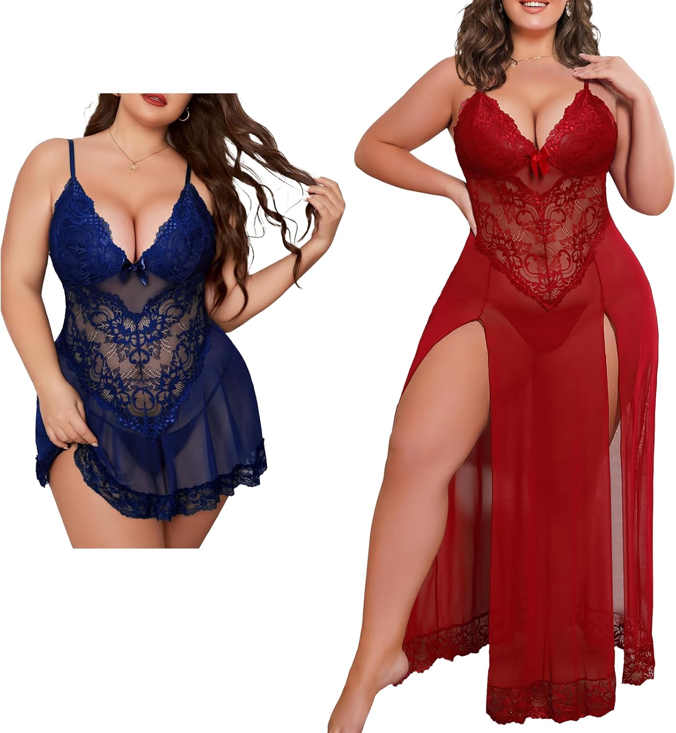 Alrovetoney Plus Size Lingerie For Curvy Women Babydoll Sexy Mesh Maxi Nightdress Strappy Exotic Sleepwear Side Slits Wine Red XL
