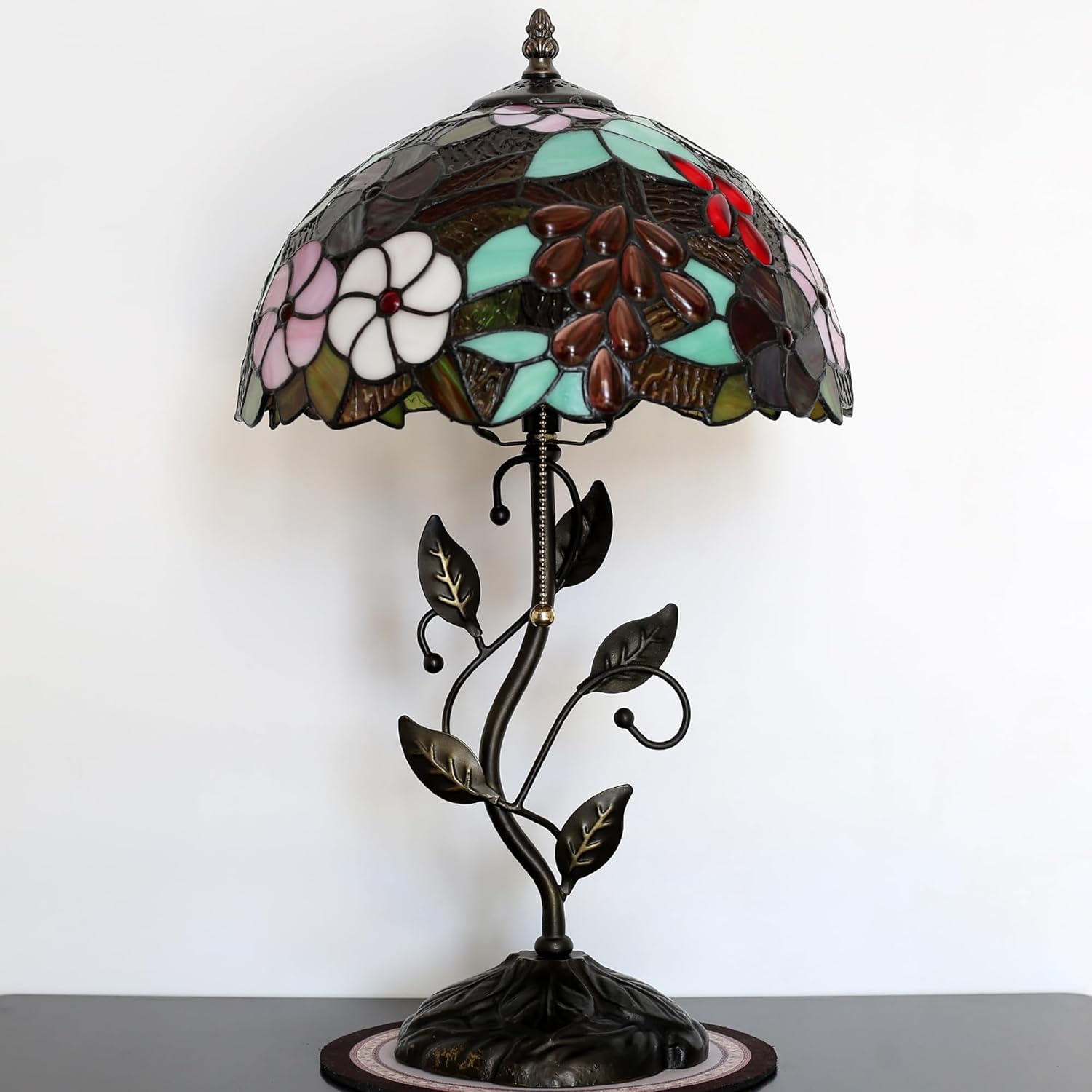 Tiffany Table Lamp Stained Glass Lamp Bedside Desk Reading Light W12H19 Inch Metal Leaf Base with Metal Leaf Base Bedroom Living Room (Grape Style)