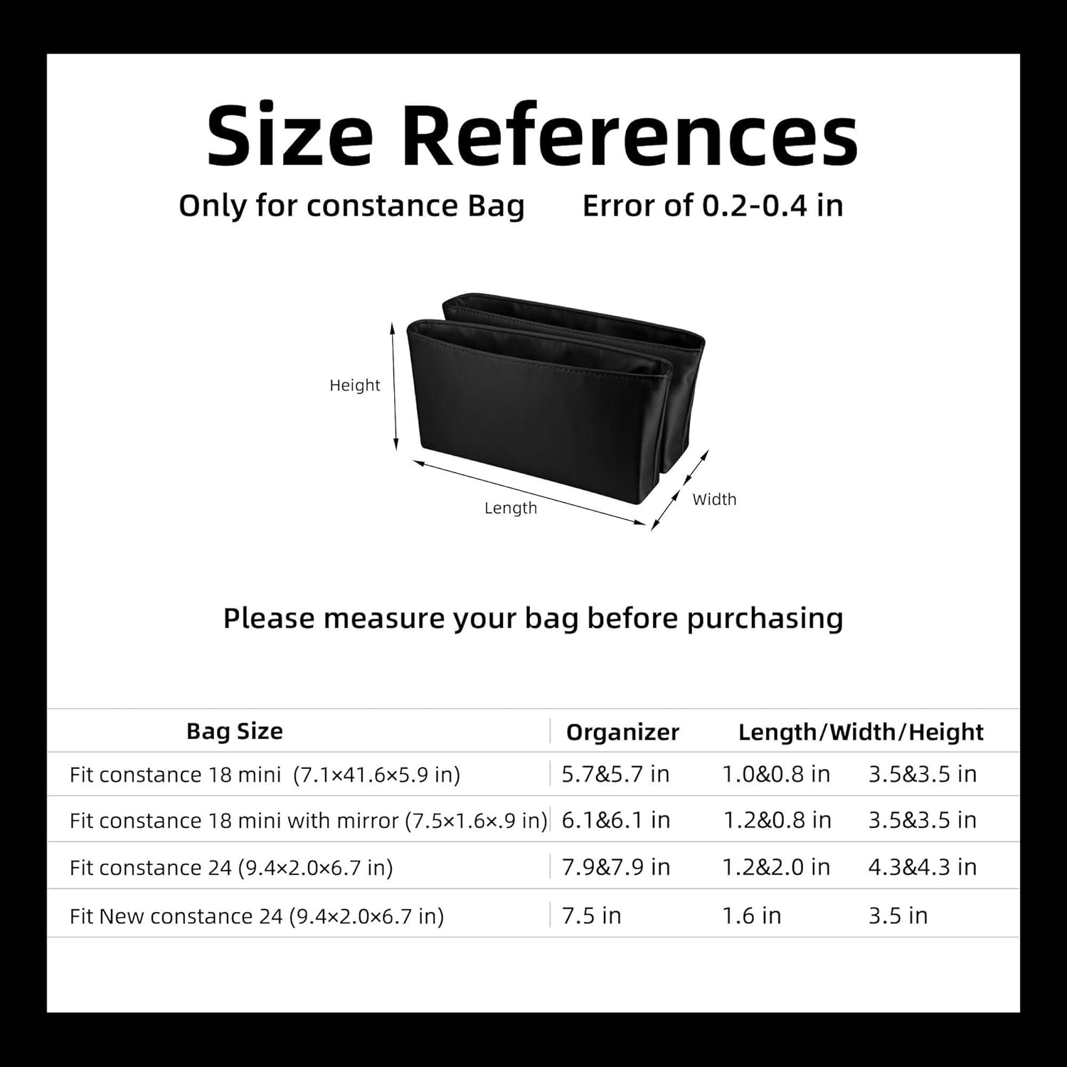 DGAZ Silk Purse Organizer Insert Fits Constance 19/24 ，Silky Smooth Bag Organizer，Luxury Handbag & Tote Shaper（Black，C19）