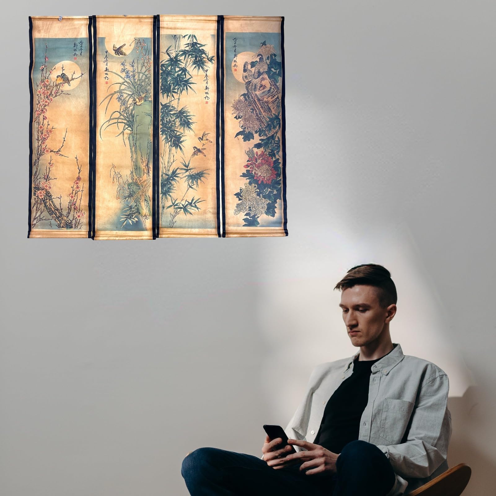 Wall Scroll Hanging Painting Decor, Chinese Traditional Art Set of 4 Vintage Flower Paintings Ancient Painting Replica, Plum Orchid Bamboo Chrysanthemum