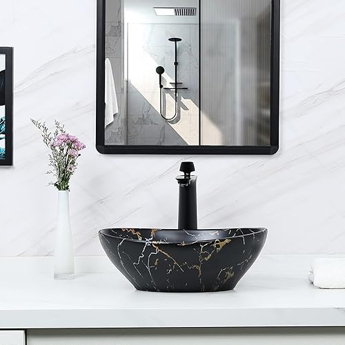 Miniatura 4 de Davivy Fregadero ovalado negro mate de 16 x 13.2 pulgadas con drenaje desplegable, fregaderos de baño, lavabos de baño sobre encimera, fregadero de