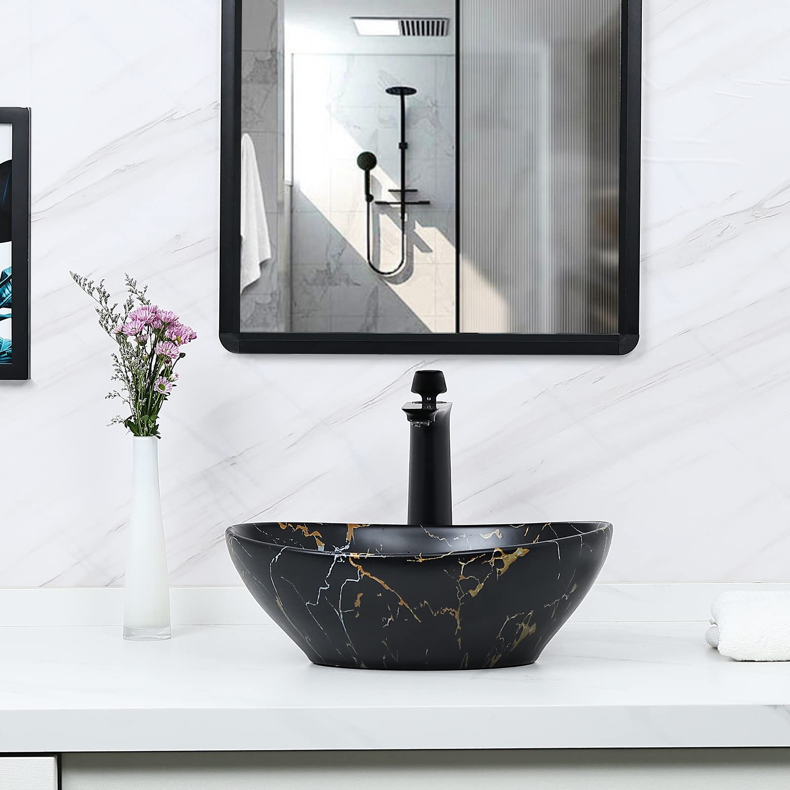 Fregadero ovalado negro mate de 16 x 13.2 pulgadas con drenaje desplegable, fregaderos de baño, lavabos de baño sobre encimera, fregadero de cerámica para encimera, fregadero, cuencos negros 4