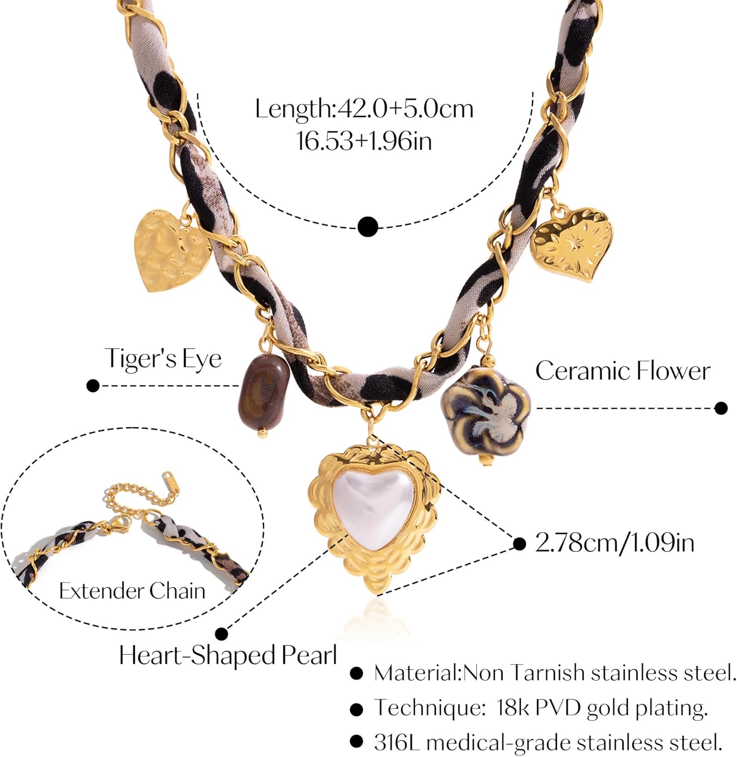 Scarf Necklace with Charm,Vintage Bandana Necklace for Women with Hammered Heart,Tiger Eye Stone,Ceramic Flower and Pearl Heart Pendant,Gold Stainless Steel Silk Charm Necklace for Women,Gift Jewelry - Image 4