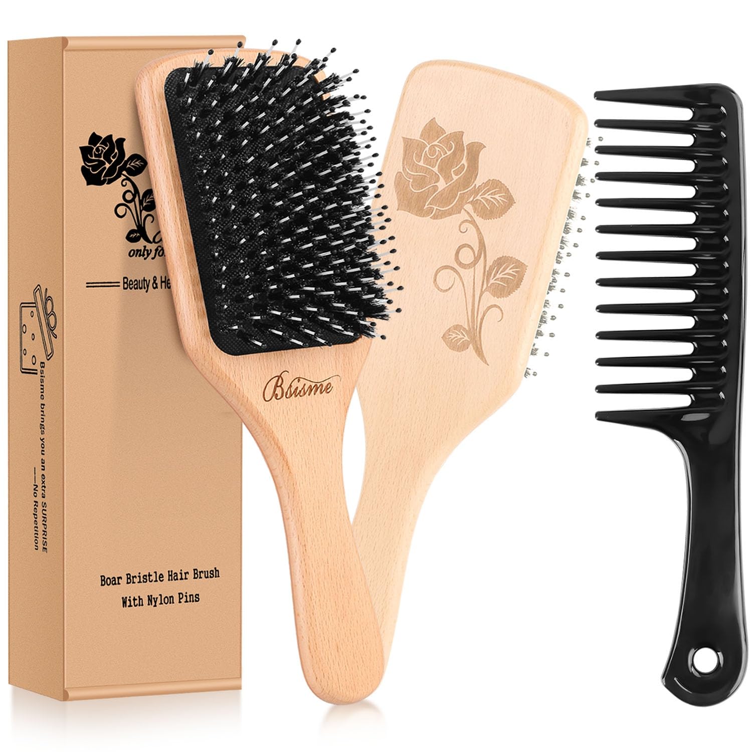 Bsisme Hair Brush-Boar Bristle Hairbrush with Detangling Pins Wooden Paddle Detangler Hairbrush for Women Men Reduce Frizz Dry Restore Natural Shine