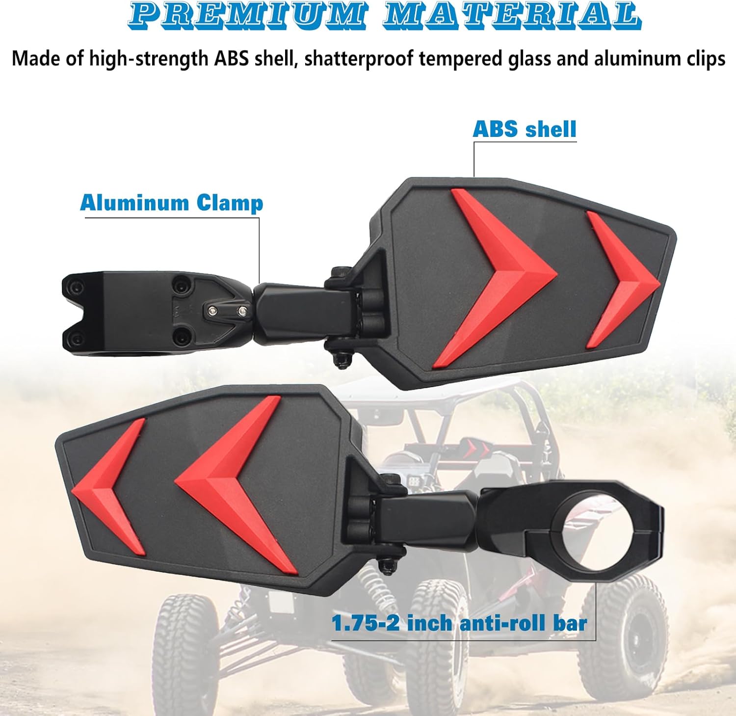 Utv Side Mirrors，UTV Mirrors Fits 1.75-2" Roll Bar Compatible With Polaris Rzr 800 900 1000 Xp Turbo Pioneer Rhino Mule Teryx W,Rear View Accessories Black Orange Blue Red,Adjustable Aluminum Clamp