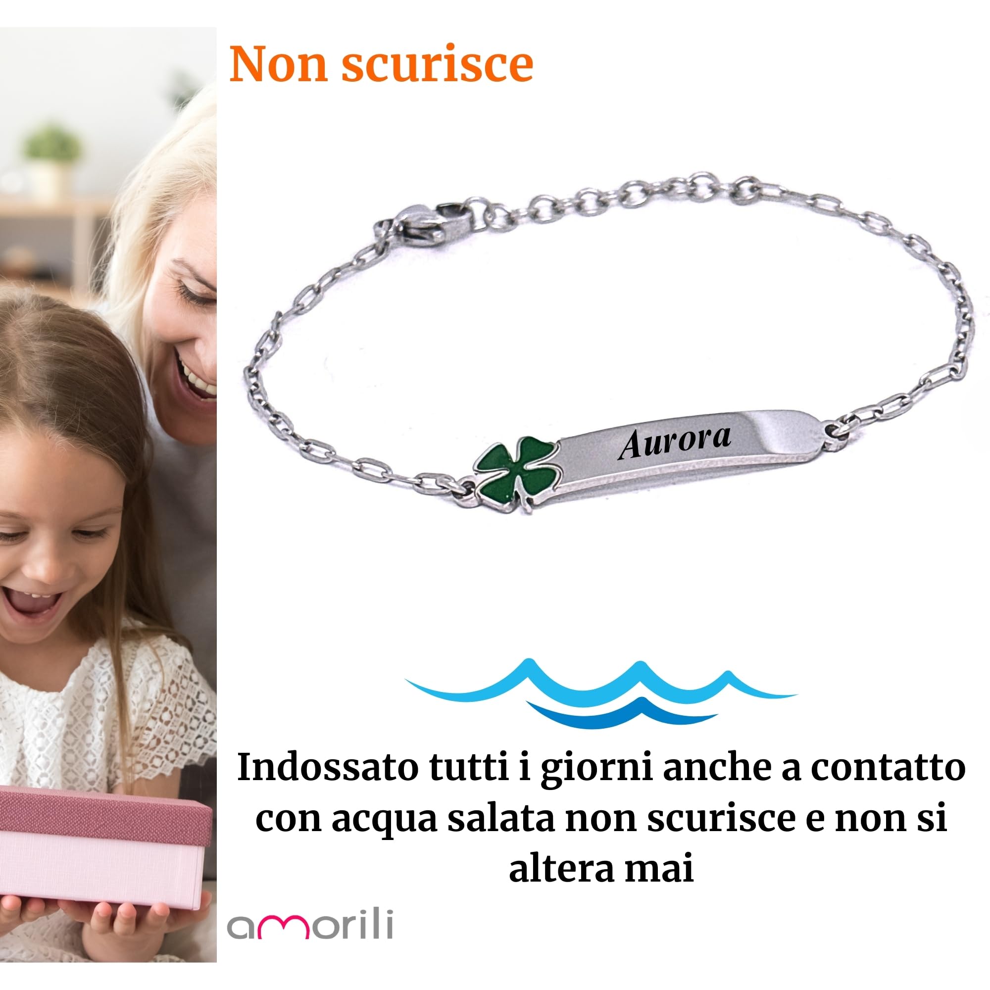 amorili Bracciale Bambina Personalizzato con Nome – Ciondolo Quadrifoglio in Acciaio Inox – Regalo Bimba, Comunione, Compleanno – Incisione Gratuita – Confezione Regalo bcc3110