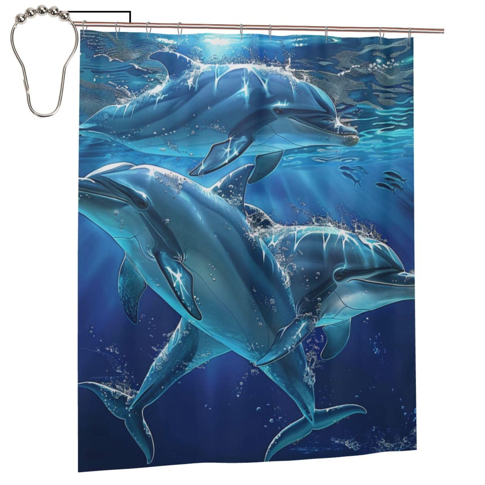 BWWHCCTI Dolphins Printed Shower Curtain With 12 Iron Hooks Opaque Quick Drying Waterproof Shower Curtains Sets For Bathroom 152x183 Cm