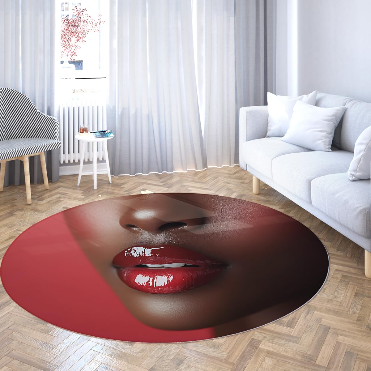 Tapis rond de salon 180cm à motif de lèvres rouges lavable et antidérapant pour chambre