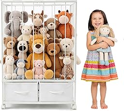 Large Stuffed Animal Storage Tower - Metal Stuffy Zoo with 2 Fabric Drawers & Wheels, Kids Toy Organizers and Storage for Nursery, Playroom & Bedroom (White)