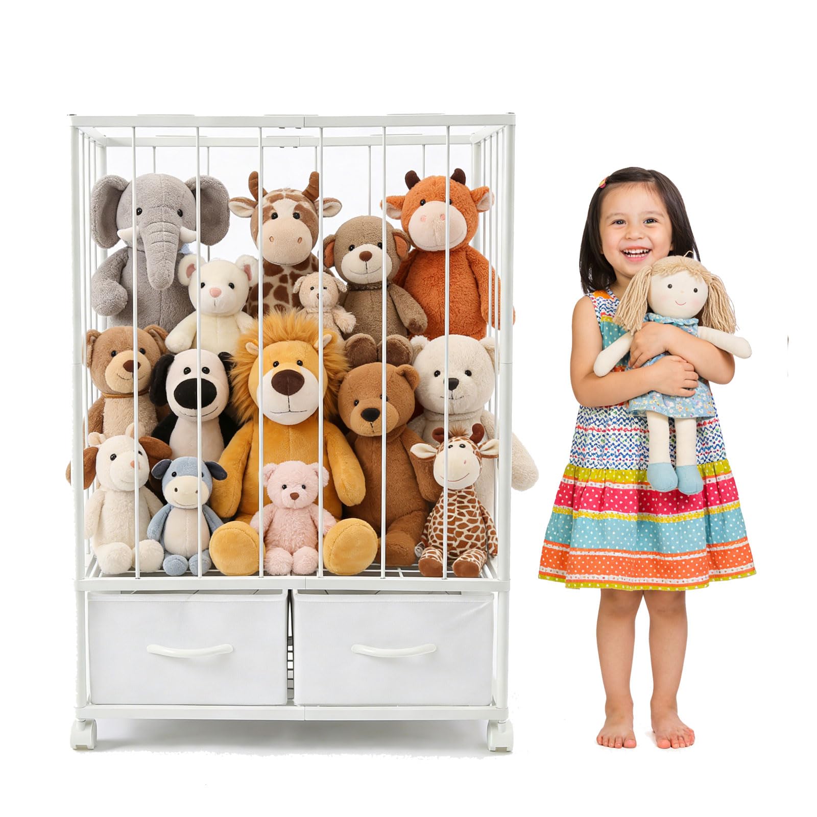 Large Stuffed Animal Storage Tower - Metal Stuffy Zoo with 2 Fabric Drawers & Wheels, Kids Toy Organizers and Storage for Nursery, Playroom & Bedroom (White) - 1