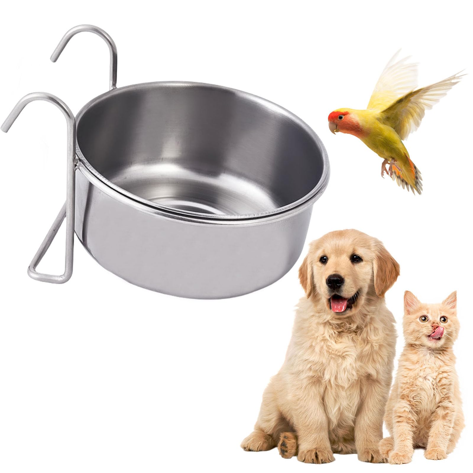Bird Feeding Dish Cups,1PC Detachable Stainless Steel Parrot Water Food Bowl with Hook,Hanging Bird Cage Feeder Pet Bowl for Pet Dogs Parrot Cockatiel Budgies Small Animals (L)