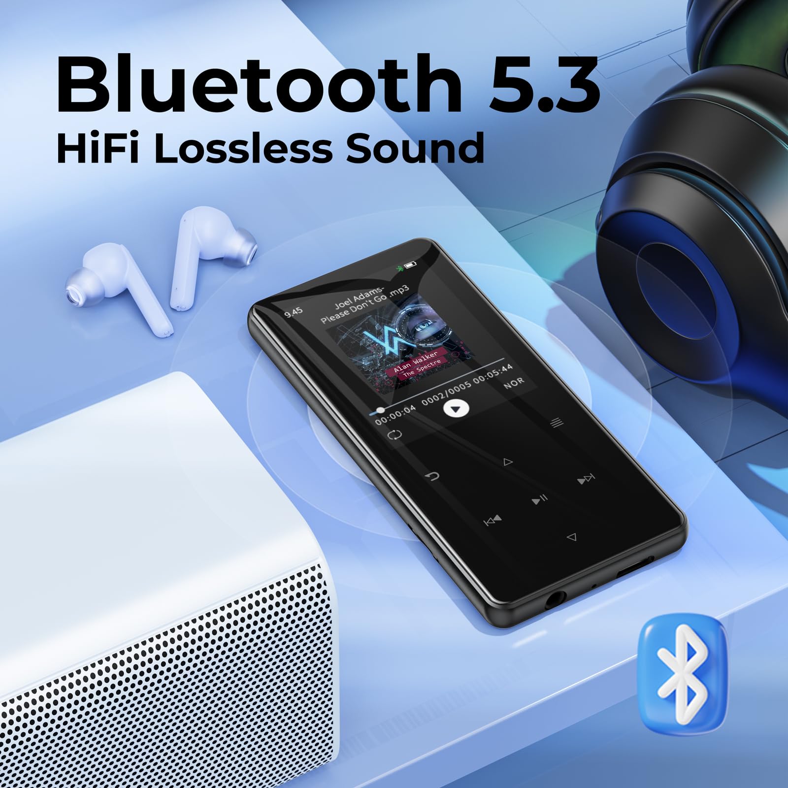 64GB MP3-speler Bluetooth 5.3 Draagbare mp3-speler muziekspeler met geïntegreerde luidspreker, willekeurig afspelen, video, eBook, stappenteller, FM-radio, 2,4 inch display, TF-kaart tot 128 GB