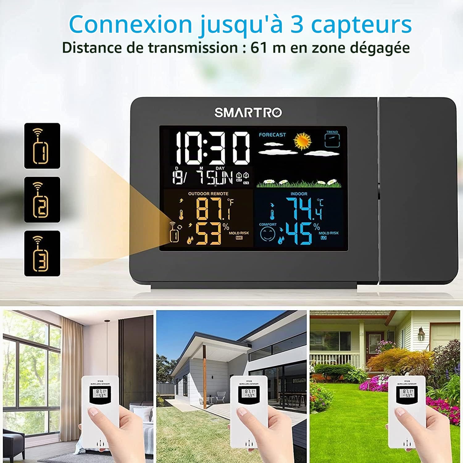 Reveil Projecteur Plafond Station Meteo sans Fil Reveil Numerique Thermomètre Hygromètre Intérieure Extérieure Prévision Météorologiques Baromètre Horloge Météo avec Capteur