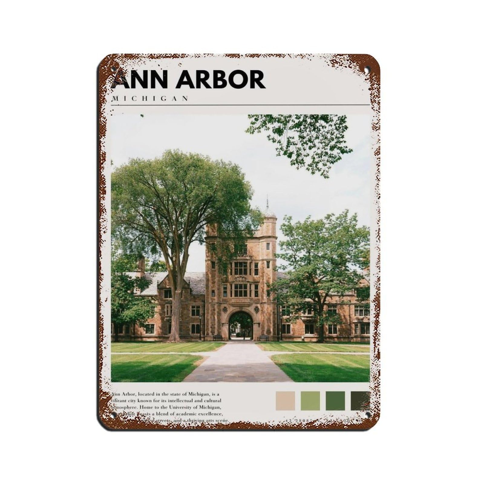 Ann Arbor Michigan Poster Tin Sign Vintage Metal Pub Club Cafe Bar Home Wall Art Decoration Poster Retro 12x16inch(30x40cm)