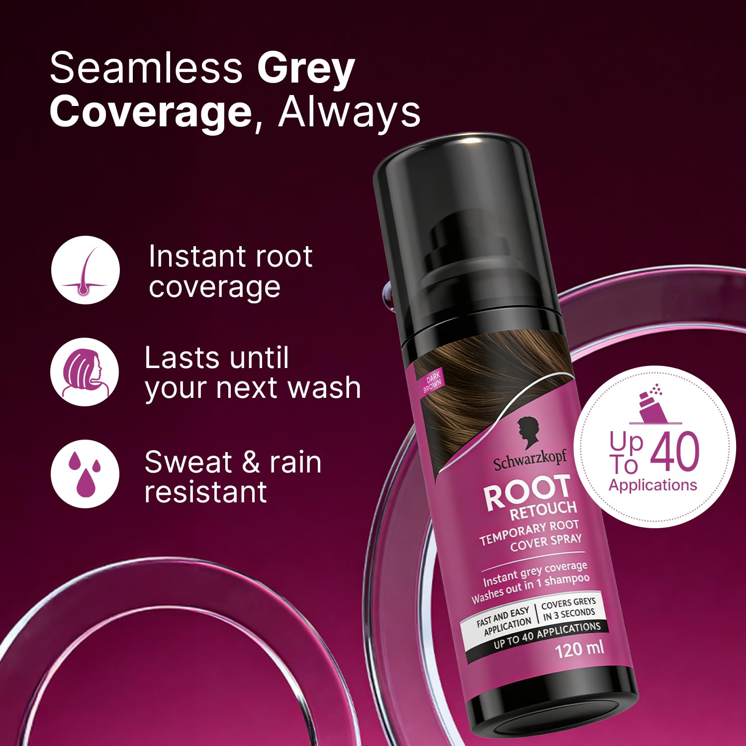 Schwarzkopf Root Retouch Instant Grey Hair Concealer Spray Sweat And Rain Resistant, Matte Finish Perfect Coverage | Upto 40 Fast and Easy Applications | Unisex| For All Hair Types, Dark Brown, 120ML 1
