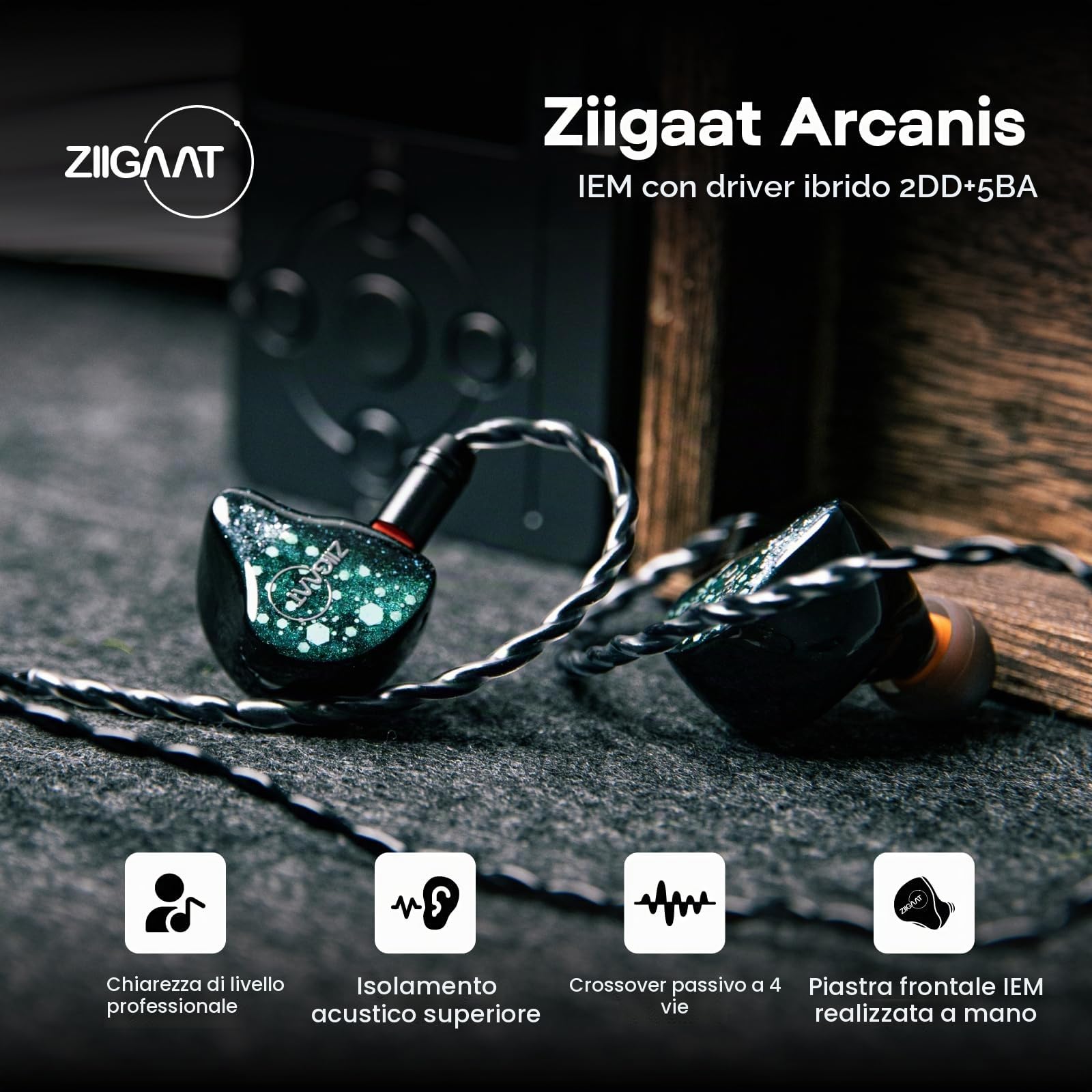 Linsoul ZiiGaat Arcanis In Ear Monitor, Cuffie IEM Ibride Professionali 2DD+5BA, Cuffie da Gaming, Cuffie HiFi con Cavo Staccabile per Musicisti Audiofili