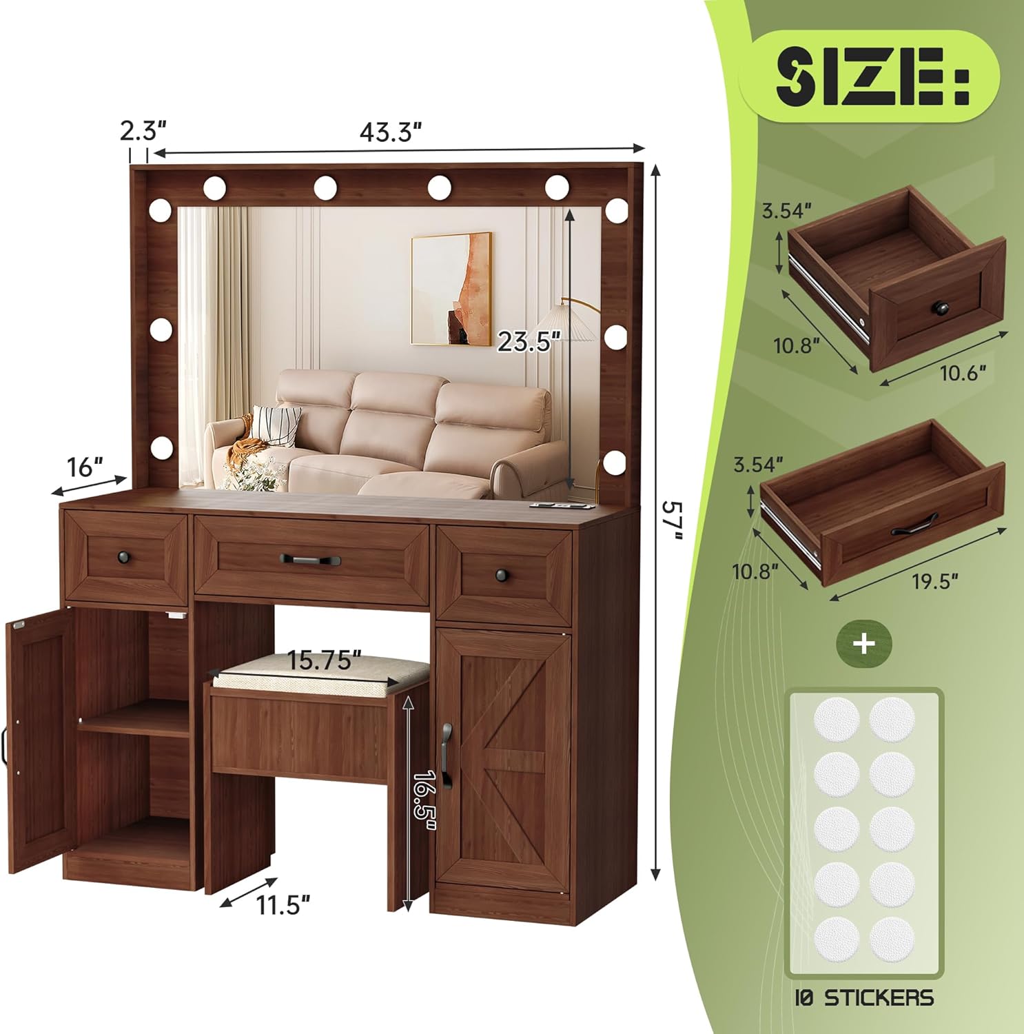 SUNCROWN Makeup Vanity Desk with Mirror and Lights, Makeup Table with Lights Desk and Chair, 3 Color Modes, Small Vanity Table with 5 Drawers foe Bedroom, Brown