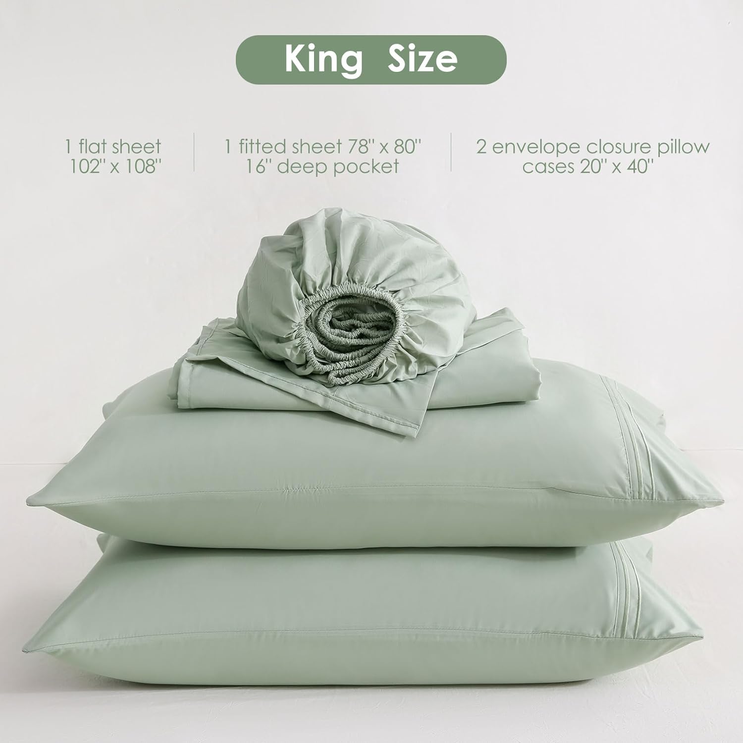 JSD Sage Green King Sheet Set with Side Pocket Corner Straps, 4 Piece Soft Microfiber Bed Sheets Extra Deep Pocket