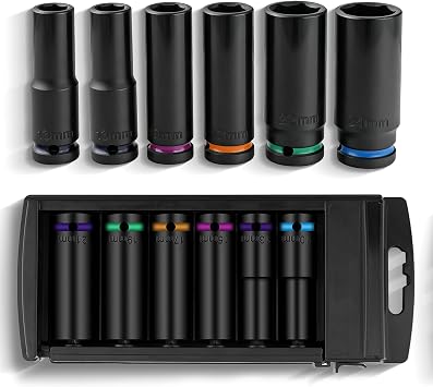 Impact Socket Set, 6PCS 1/2-Inch Drive Heavy Duty Deep Impact Sockets with Color Rings, 6 Point Impact Sockets for Auto Repair, Cr-V Steel Corrosion-Resistant Coating,Metric 10 to 21 mm