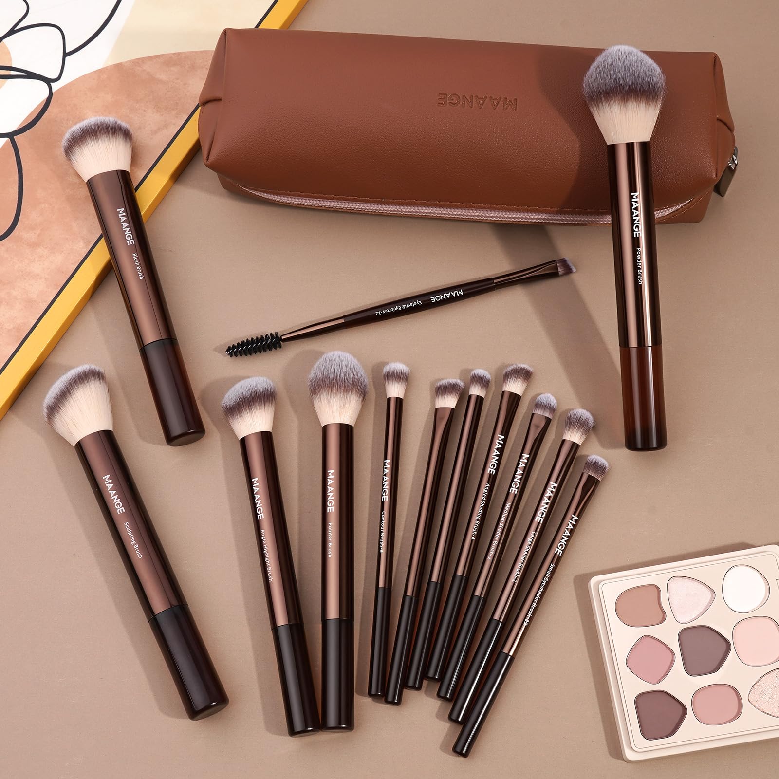 MAANGE Set di 13 pennelli da trucco professionali da viaggio con custodia (caffè)