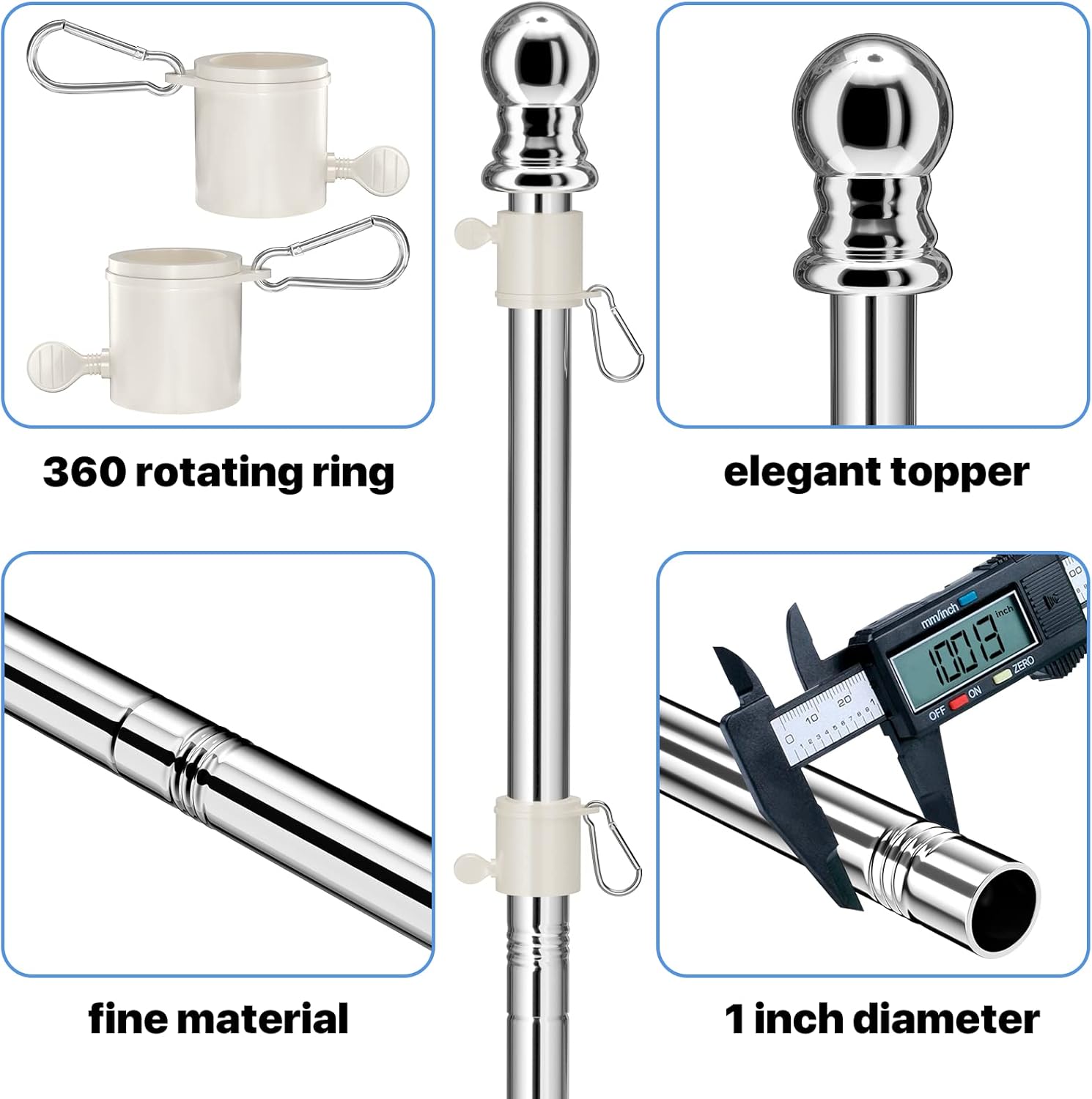 Flag Pole, Silver Flag Poles for 3x5 Flags Outdoor,Stainless Steel Flag Poles for Outside House, 5 FT Flagpole Kit and Wall Mount Holder Bracket, No Tangle Ring Clips, Garden Yard Porch Flagpoles