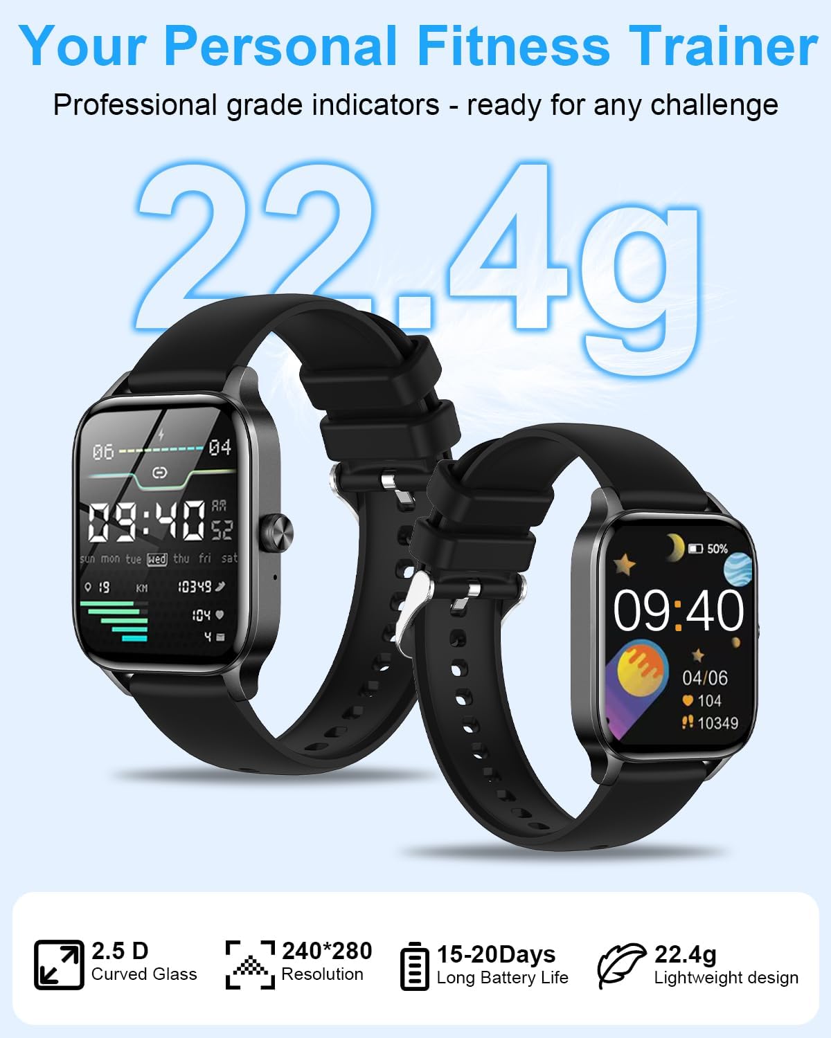 Man running on a beach with heart rate monitoring displayed on the smartwatch, and another man stretching with blood oxygen levels displayed.