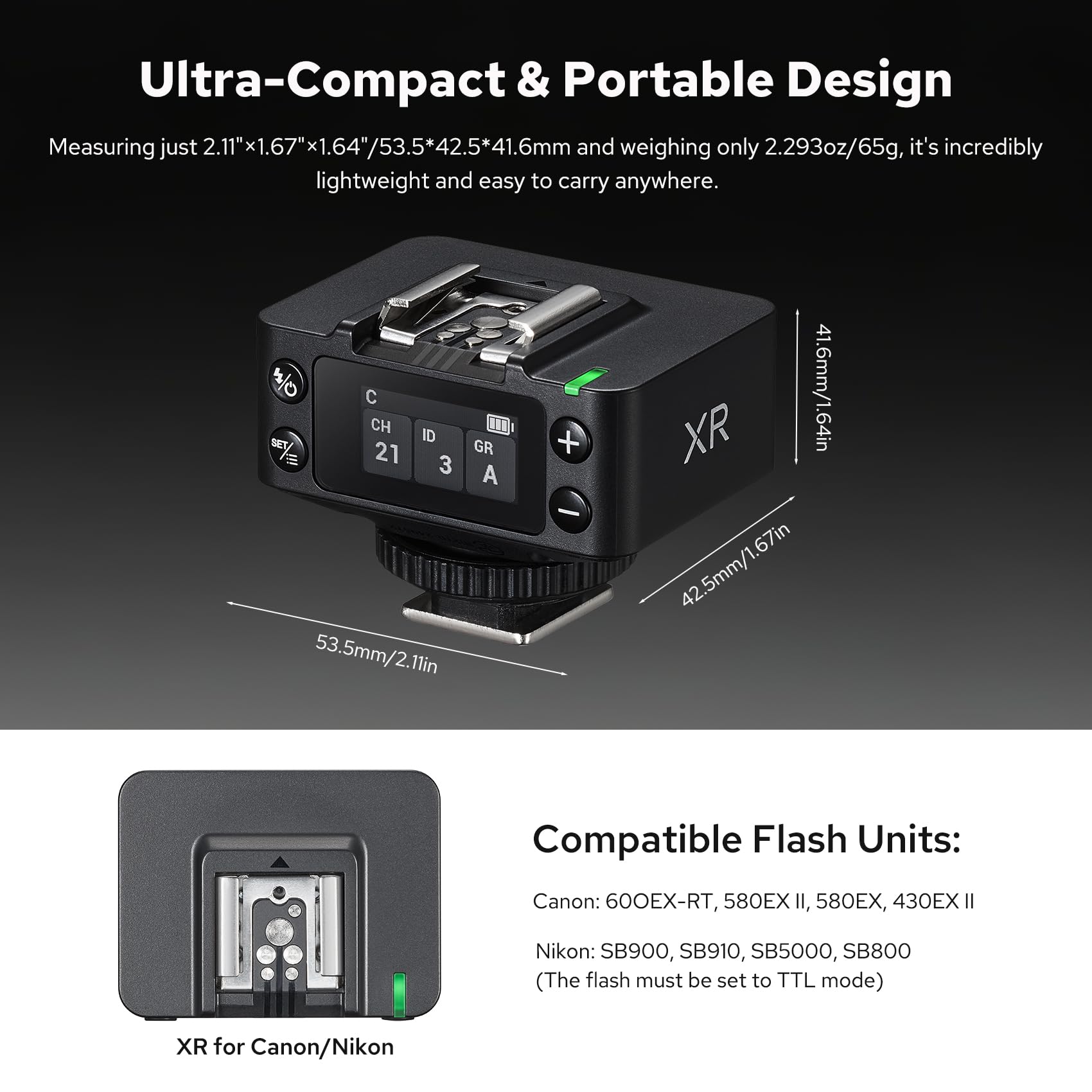 GODOX XR TTL Ricevitore Wireless per Fotocamere Canon e Nikon, XR-C XR-N Flash Trigger Receiver con Batteria Agli Ioni di Litio 1270 mAh, 2.4G Sistema Wireless X