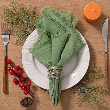 LINXTAR Handmade Cloth Napkins with Fringe 10 Pack 17x17 Thick Cotton Linen Napkins Soft Versatile Dinner Table Napkins for Parties Weddings Everyday Use - Sage