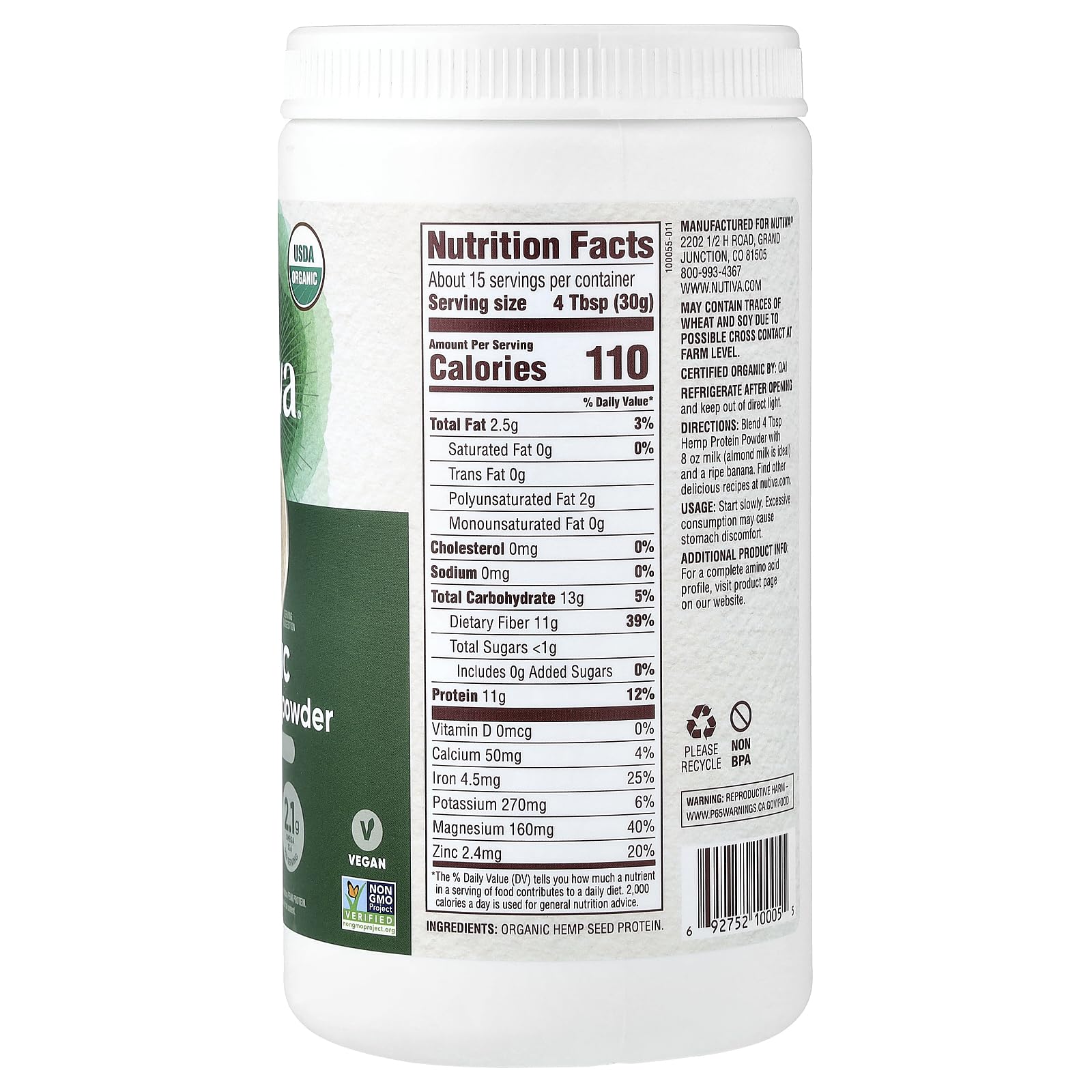 Nutiva USDA Organic Cold-Pressed Raw Hemp Seed Plant Protein with Hi-Fiber and Essential Amino Acids Powder, Non-GMO, Whole 30 Approved, Vegan, Gluten-Free & Keto, 16 Oz — Amazon image 2