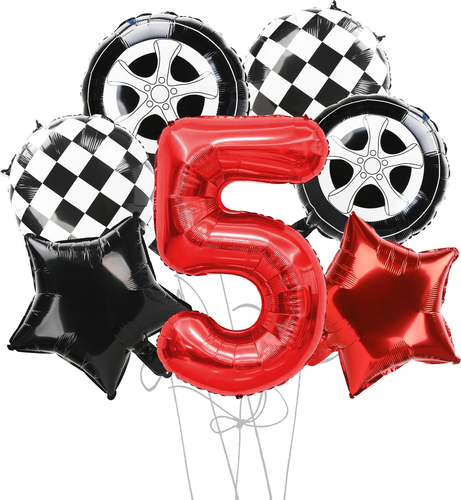 Race Car Birthday Balloons Number 5 Balloon Racing Theme Party Decorations, 7 Pcs Set of Black and White Wheels Balloons Red Cars Birthday Decorations 40 Inch Car Balloons Number 5 for Boy