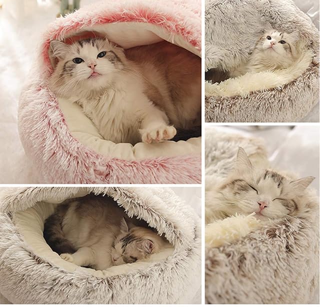Foto 4 de 8 de Cama para gatos, de felpa suave, con forma de cueva; casa para gatos en interiores y cojín para dormir