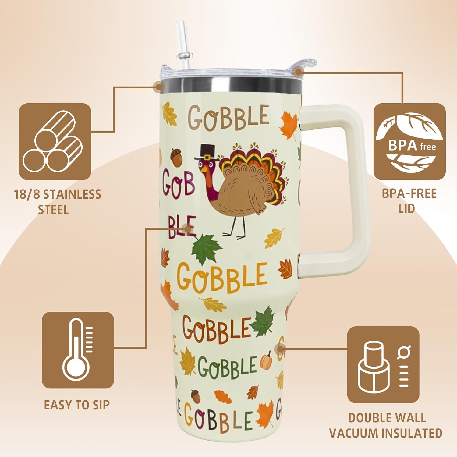 Thanksgiving Tumbler 40 oz Fall Cup Funny Turkey Coffee Travel Mug Stainless Steel Insulated Cups Fall Water Bottle Thanksgiving Decor Gifts for Women - Image 6